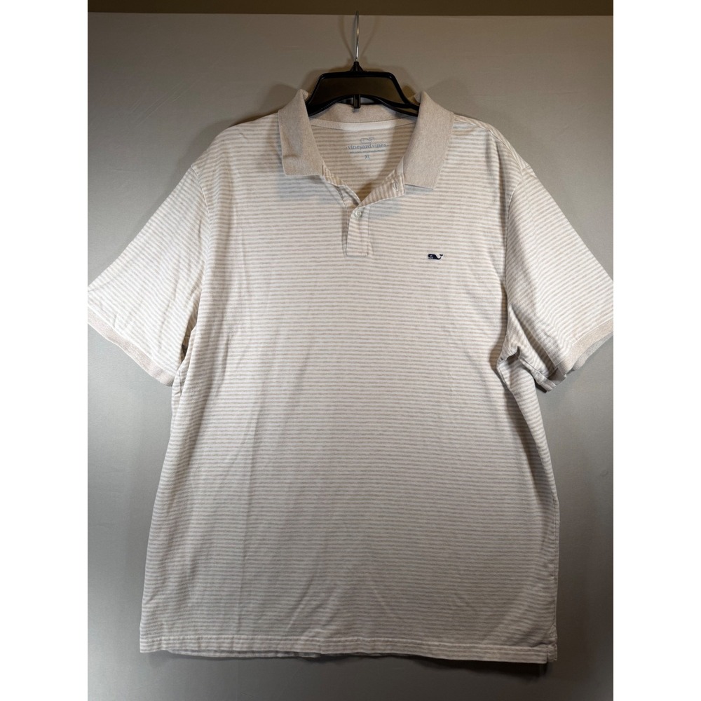 Vineyard Vines Mens XL Tan White Striped Short Sleeve Cotton Blend Polo Shirt